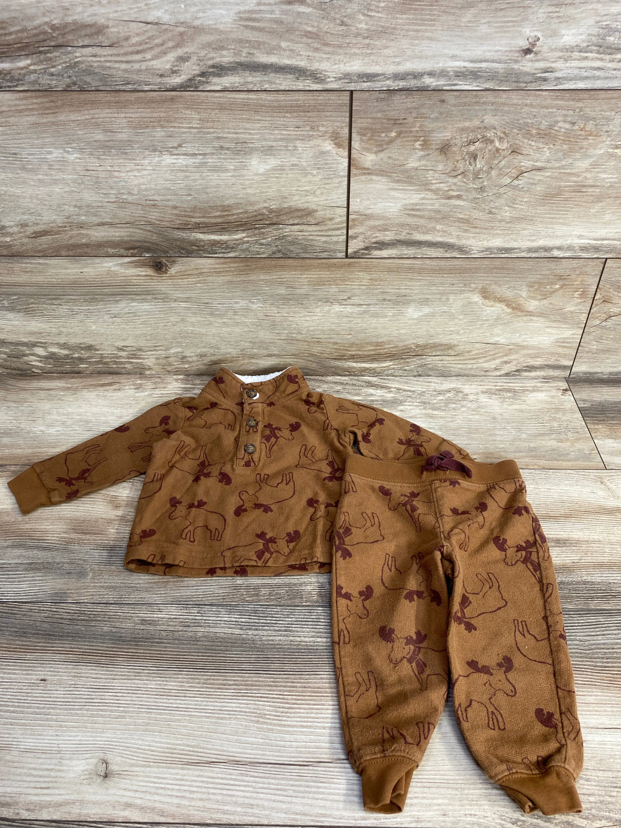 Just One You 2pc Moose Print Henley Pull Over Sweater & Pant Set Brown sz 12m