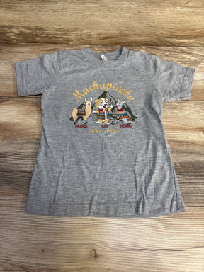 Flat lay of grey toddler T-shirt (4T) showing 'Machupicchu' text and a llama, cuy and dog graphic on a wood surface