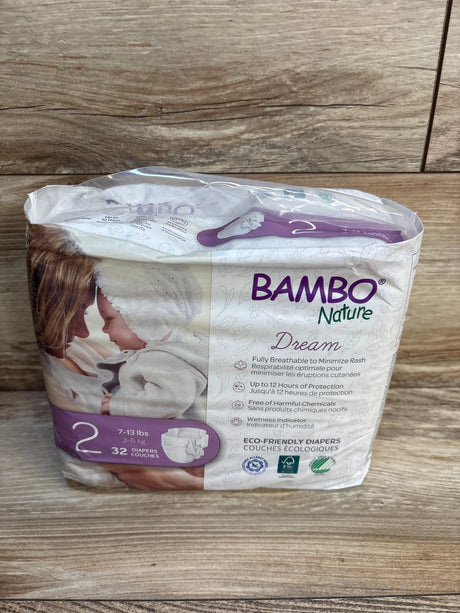 Bambo Nature Dream eco-friendly diapers, size 2, 32 count, for 7-13 lbs babies, breathable & chemical-free