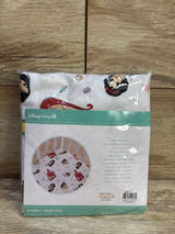 Front view of NEW Disney Baby Disney Princess Fitted Crib Sheet showcasing sealed packaging with princess print on white with pink background