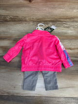 Pink kids track jacket with blue stripe and gray leggings on wood floor