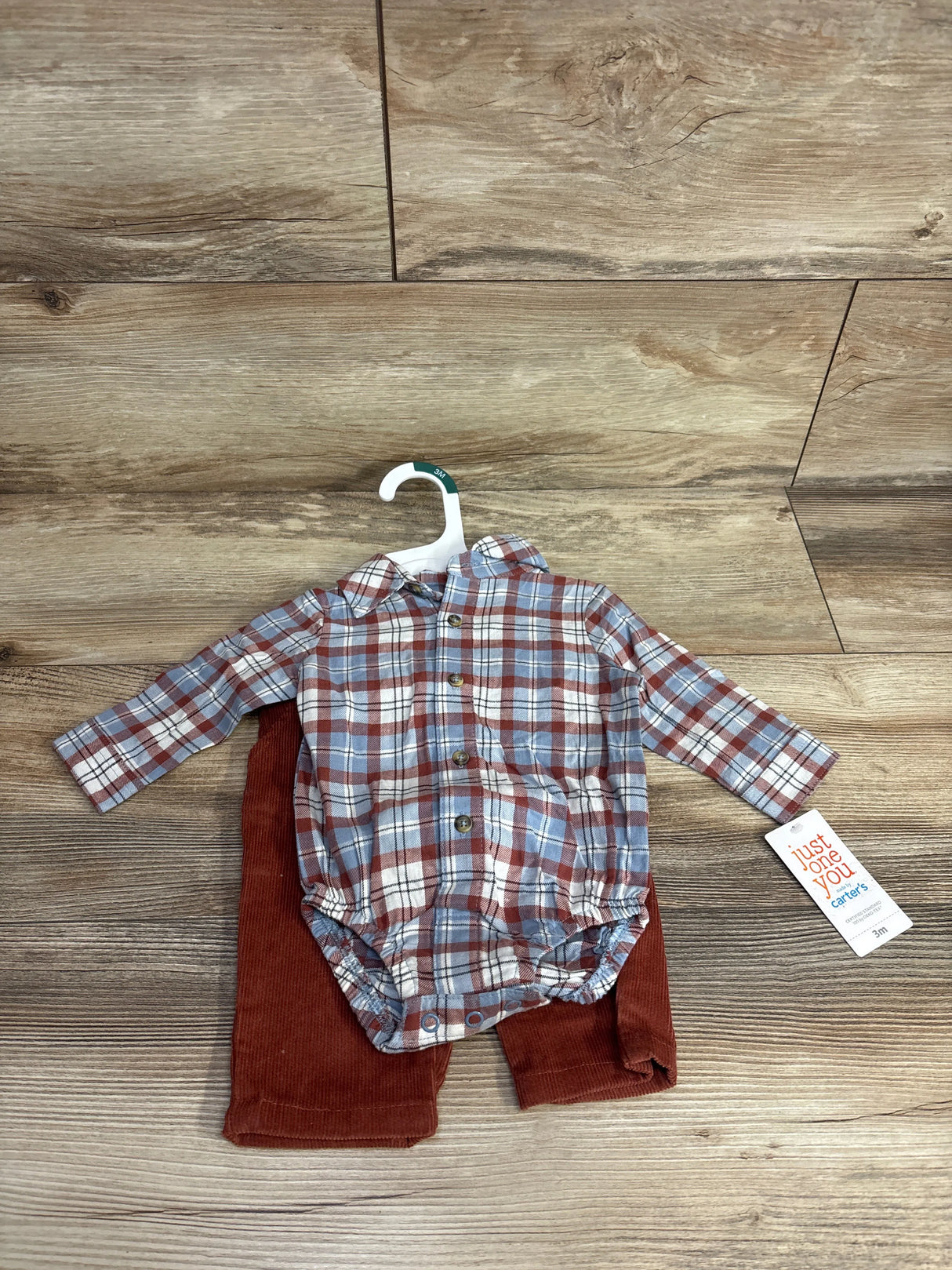Baby boy plaid bodysuit with brown corduroy pants, Carter's 3 months, resale, gently used