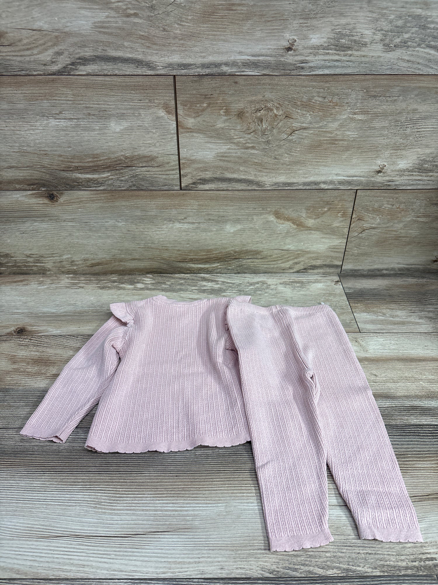 H&M 2pc Rib-Knit Ruffle Long Sleeve Shirt & Pants Set Pink sz 12m
