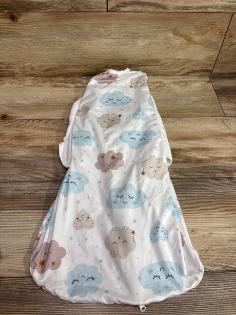 Front view of BSTOPPT 3-way adjustable sleep sack swaddle in white with colorful cloud pattern on a wood background