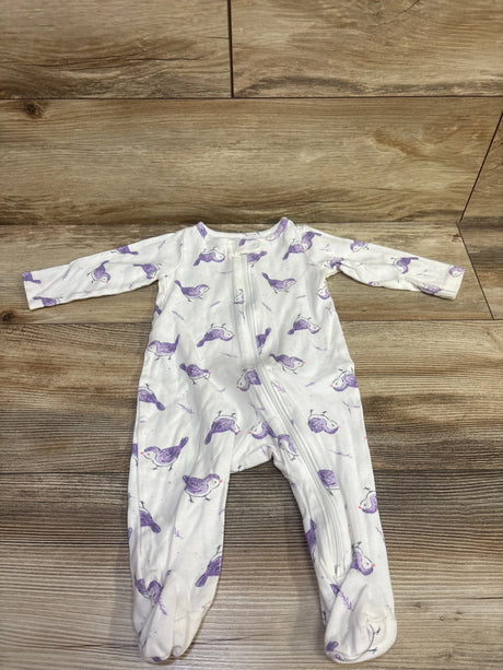 View of white Just One You sleeper, size 6 months, with purple bird print, long sleeves, footed legs, and zipper on wood