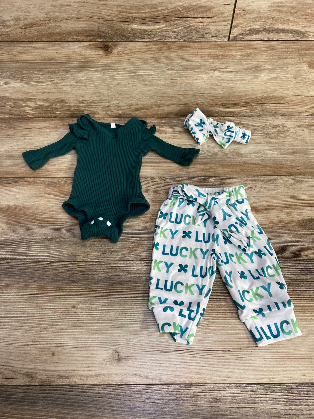 3pc Ribbed Bodysuit + Pants + Headband Green sz 0-3m