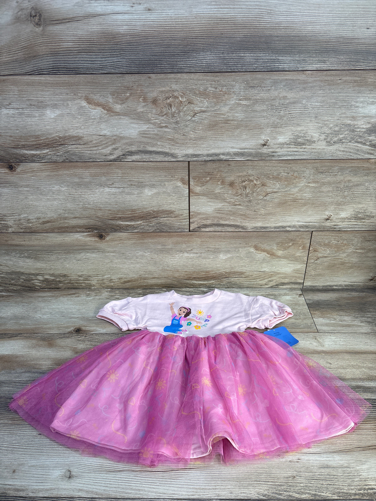 Flat lay of Ms Rachel pink puff-sleeve tulle dress size 2T showing layered tulle skirt and printed bodice on wood background