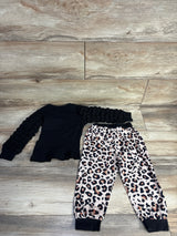 2pc Ribbed Ruffle Sleeve Shirt & Leopard Print Pants Black sz 2-3T