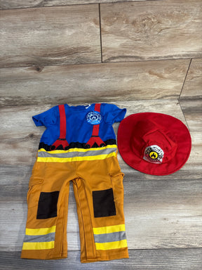 Kids firefighter costume with blue shirt, yellow pants, and red hat for playful dress-up