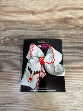 White Christmas reindeer hair bow with red and green trim, perfect for kids' holiday outfits