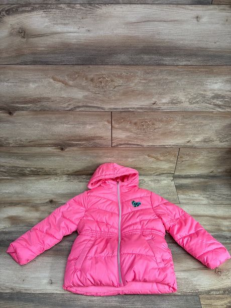 Front view of pink Platinum fleece-lined puffer jacket in size 4T showcasing hood, full zip, and elastic waist on wood planks