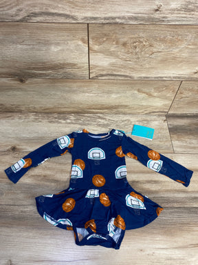Navy blue baby dress with basketball and hoop print, long sleeves, and attached bodysuit