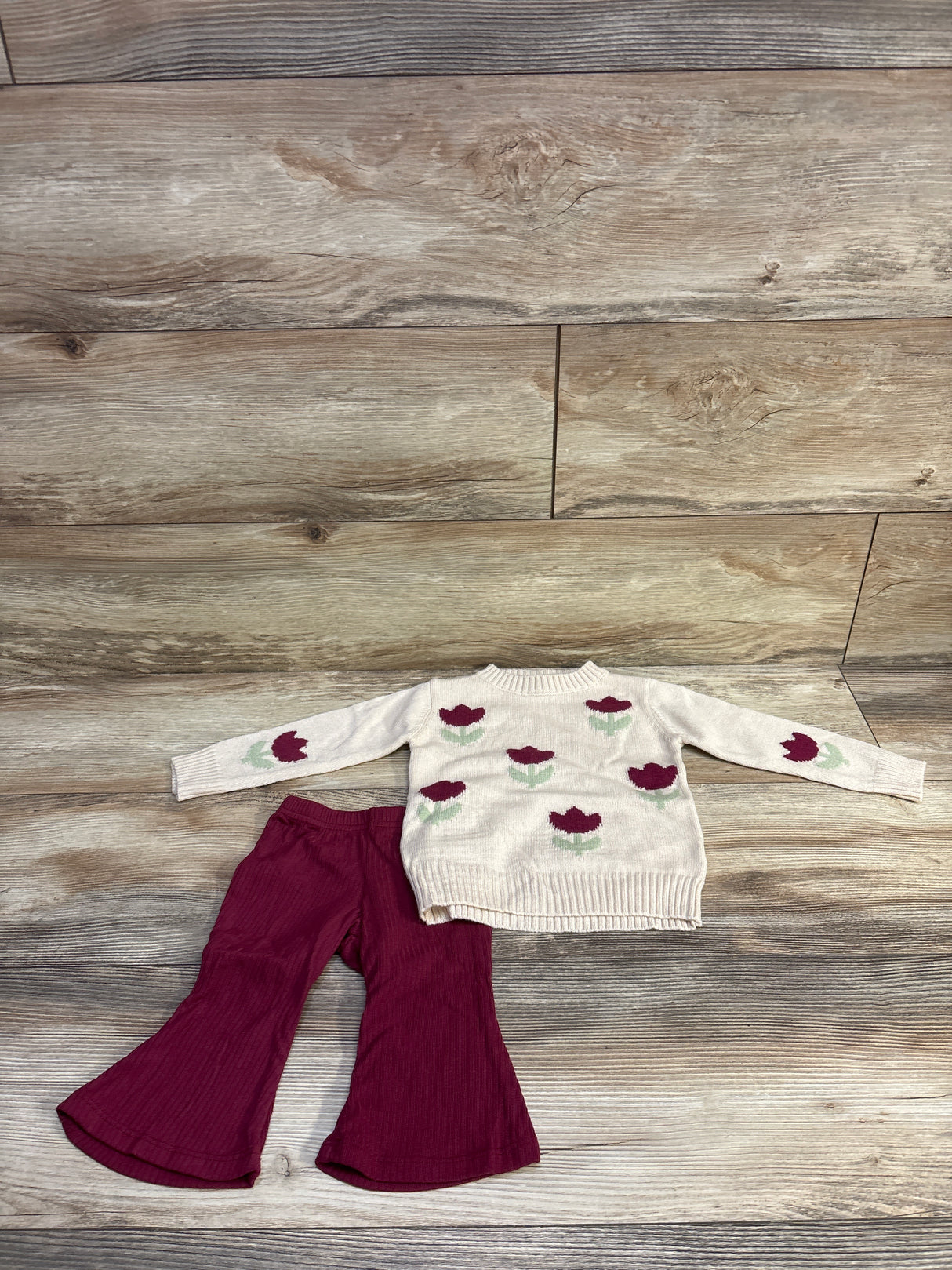 Btween Baby 2pc Floral Knit Sweater & Ribbed Flare Pants Beige sz 12m
