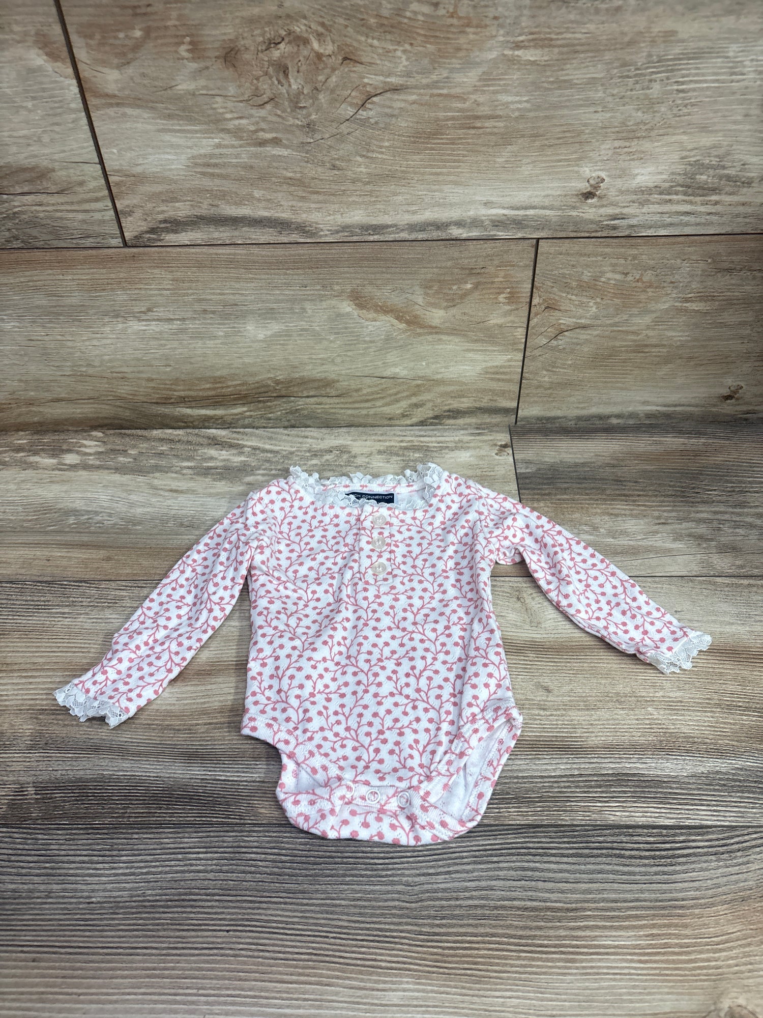 French Connection Long Sleeve Lace Trim Bodysuit White sz 0/3m
