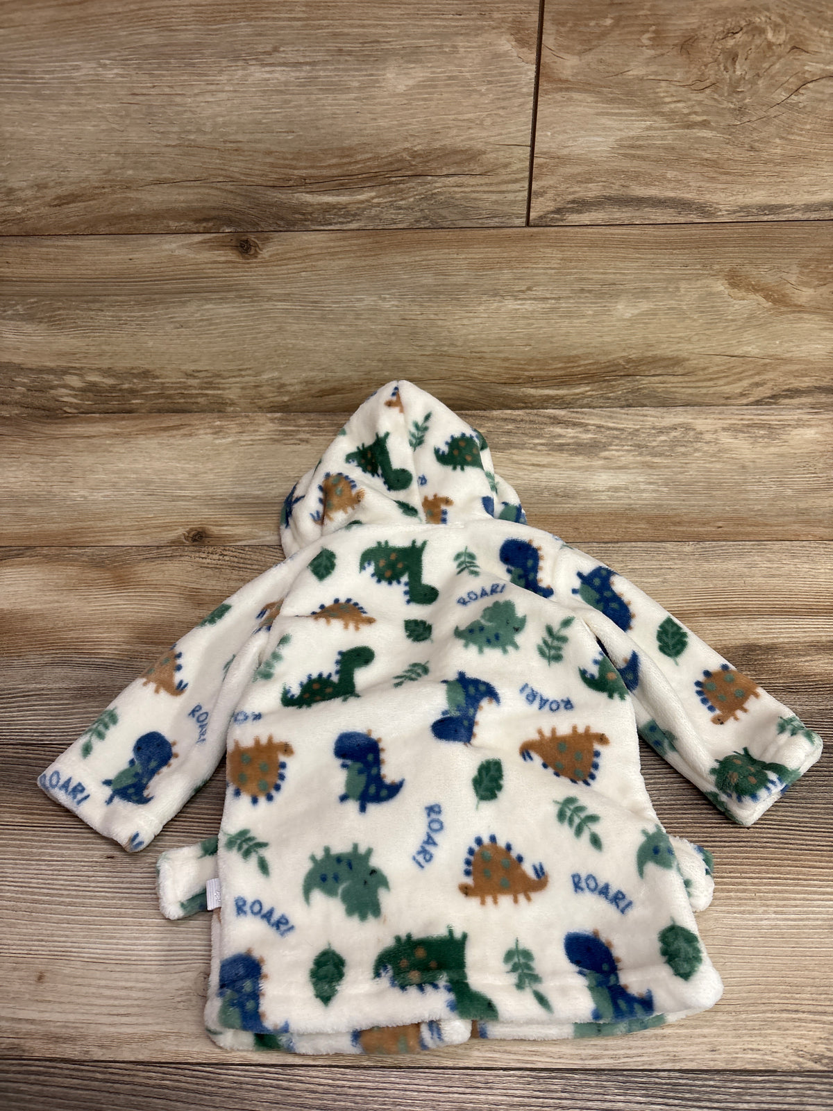 Duck Duck Goose Dinosaur Print Plush Hooded Robe Ivory sz 0-9m