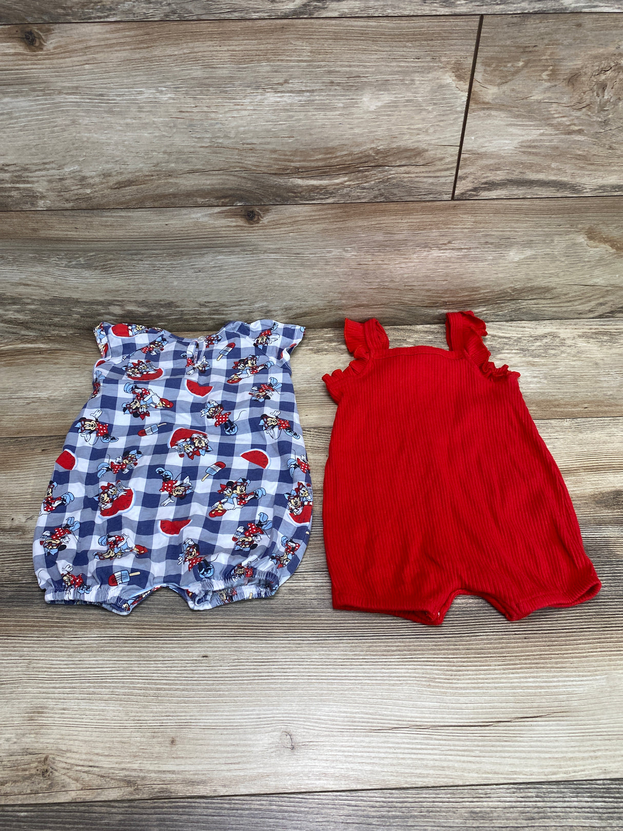 Disney Baby 2pk Minnie Mouse Rompers Blue/Red sz 12m