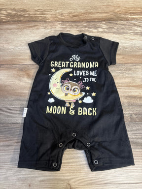 Black baby romper with cute owl and moon graphic, text says 'My Great Grandma Loves Me to the Moon & Back'