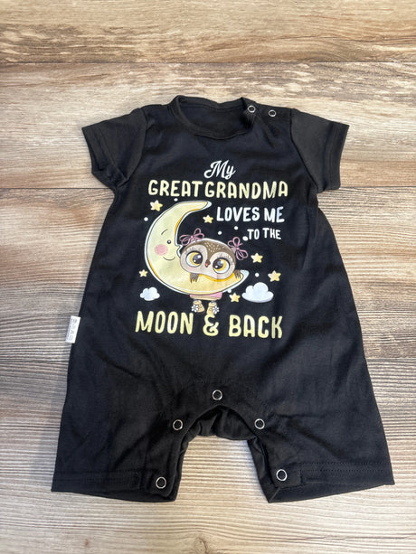 Black baby romper with cute owl and moon graphic, text says 'My Great Grandma Loves Me to the Moon & Back'