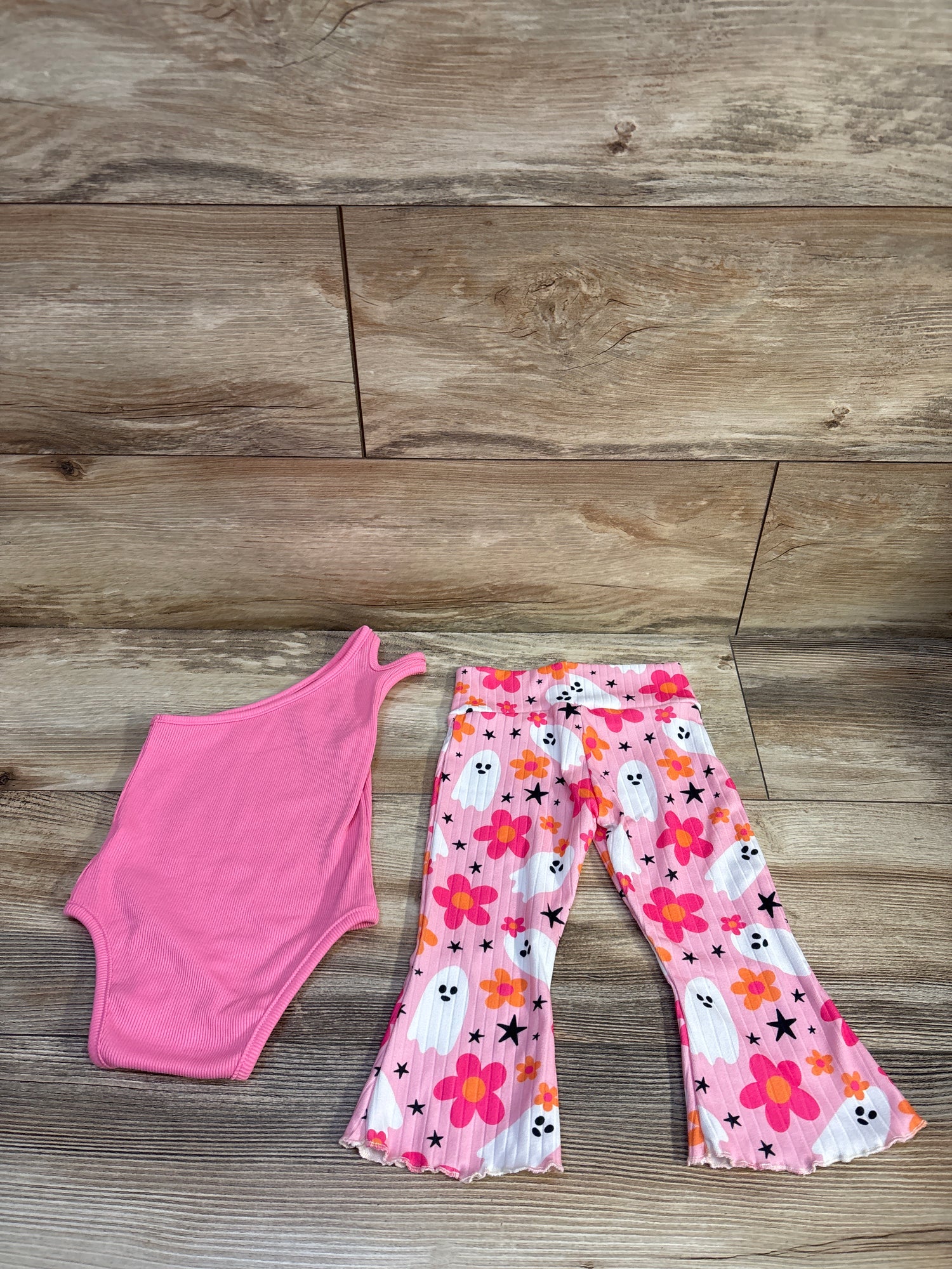 Shein 2pc Ribbed One Shoulder Bodysuit & Ghost Pants Set Pink sz 9-12m