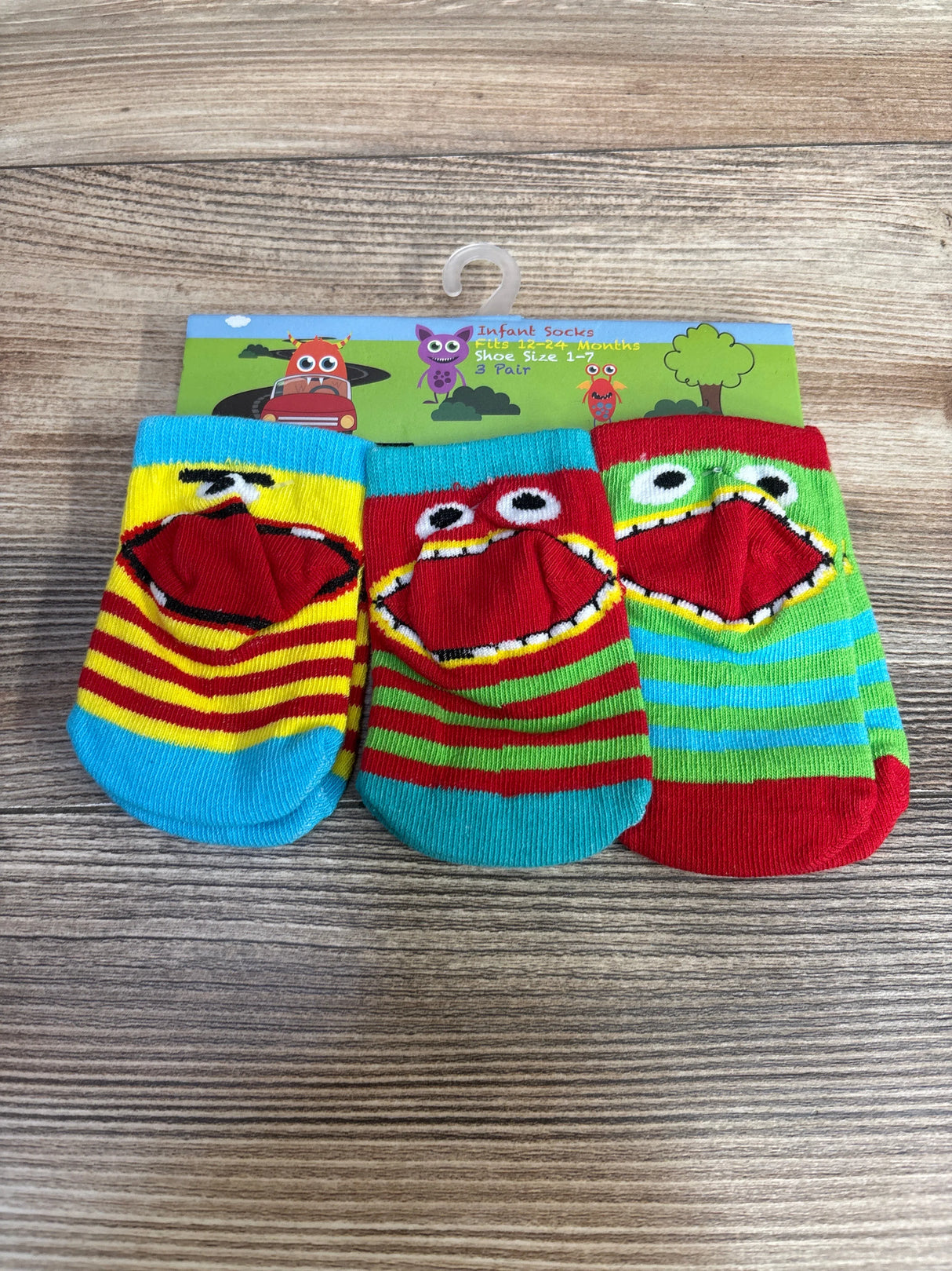 NEW 3pk Monster Face Baby Socks sz 12-24 Months