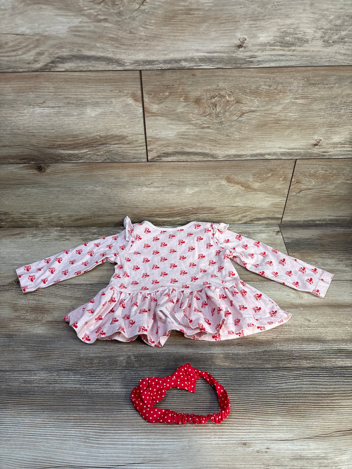 Disney Store 2pc Minnie Mouse Long Sleeve Peplum Top & Headband Set Pink sz 18-24m