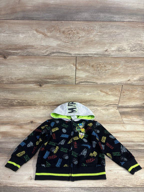 Kids Marvel superhero zip-up hoodie with characters and colorful text, wooden background
