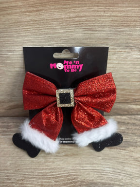 Red glitter Santa bow with white fur trim and gold buckle, kids holiday hair accessory
