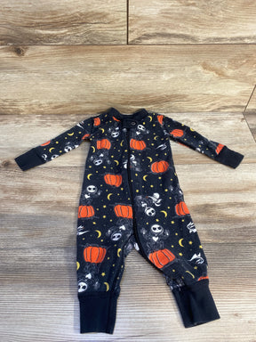 Black Halloween baby onesie with Jack Skellington, pumpkins, moons, stars. Long-sleeve zip-front sleepwear for infants.