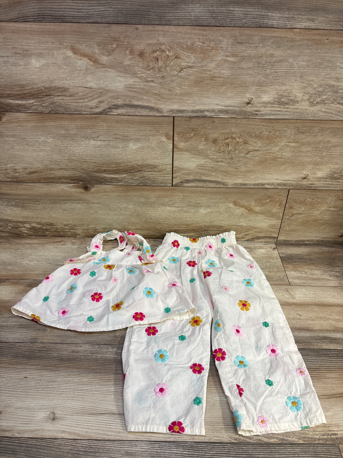 Zara 2pc Embroidered Flower Top & Pants Set Ivory sz 5T
