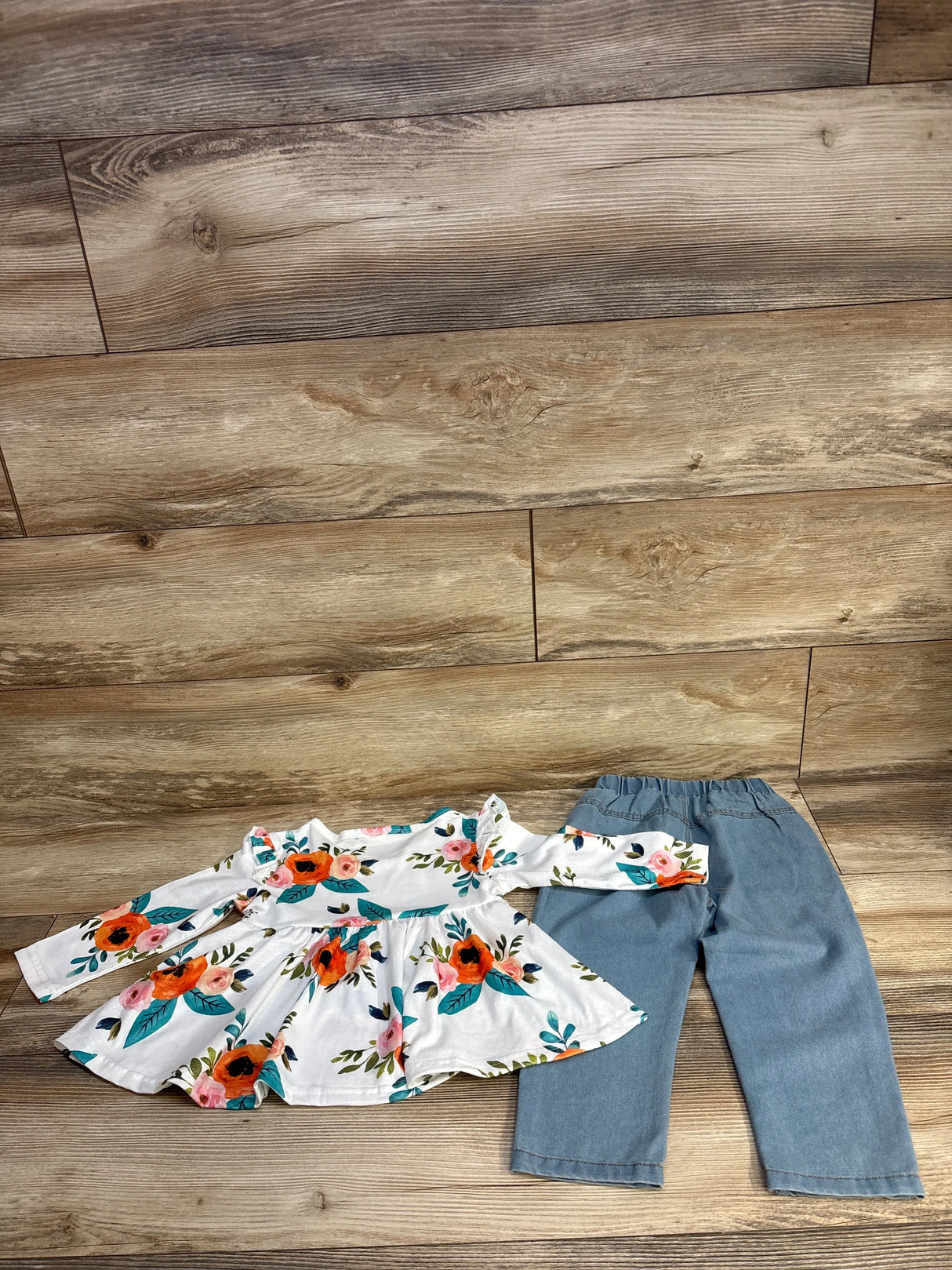 Shein 2pc Floral Top & Chambray Pants White sz 2T