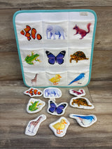 Lovevery organic cotton animal matching game for toddlers with fish, elephant, butterfly, frog, turtle, giraffe, duck, bird, and squirrel pieces