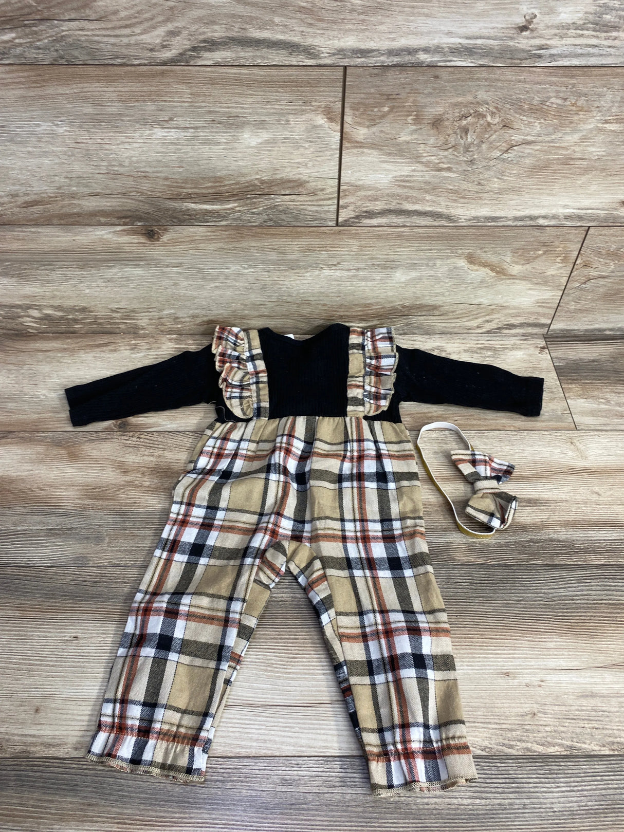 2pc Plaid Ruffled Romper & Head Band Set Black sz 6-12m