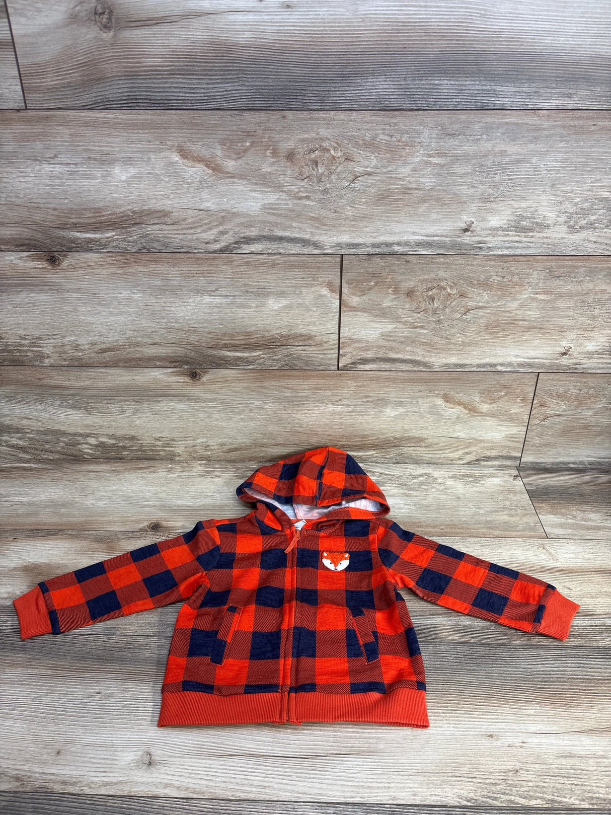 Little Me Buffalo Print Fox Flannel Full Zip hoodie Orange sz 24m