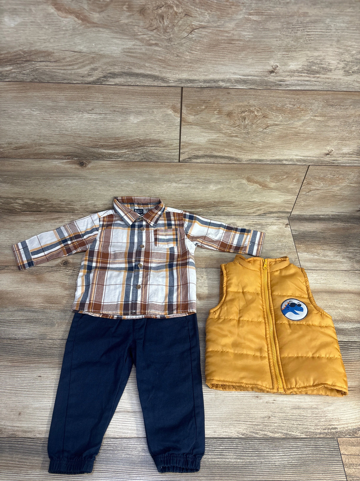 Baby Rebel 3pc Puffer Vest & Plaid Button Up Set Brown sz 12m