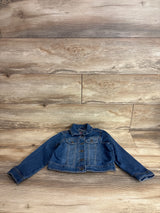 Front view of Children's Place blue toddler denim jacket size 5T showing button-front closure and chest pockets on wood background