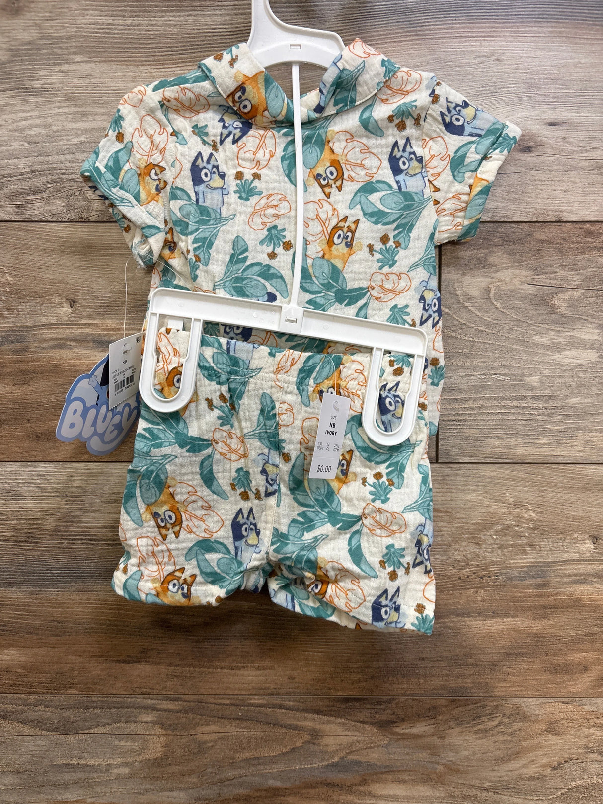 NEW Bluey 2pc Button Up Gauze Shirt & Shorts Set Cream sz Newborn