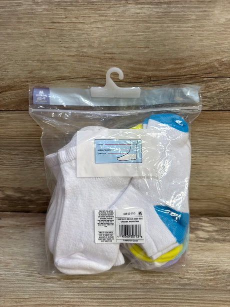 Front view of Cat & Jack low-cut kids’ socks 10-pack showing white socks with assorted colored toes and heels in a clear hanger bag on a wooden background