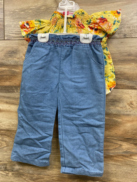 NEW Penelope Mack 2pc Floral Top & Chambray Pants Yellow sz 3T - Me n Mommy To Be