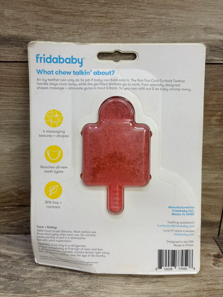 Front view of FridaBaby Not Too Cold To Hold Teether in packaging showcasing four massaging textures and shapes