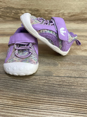 Front and side view of purple barefoot water shoes size 4/5C showing velcro strap, patterned knit upper and white sole on wood