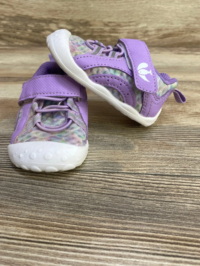 Front and side view of purple barefoot water shoes size 4/5C showing velcro strap, patterned knit upper and white sole on wood