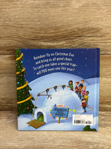 Christmas Eve kids book with reindeer moss, igloo, and decorated tree for ages 4+