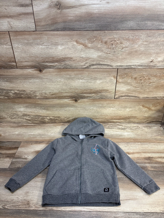 Gray kids' zip-up hoodie with lightning bolt patch on wood background, gently used clothing