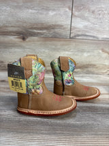 Infant brown cowboy boots with colorful floral upper and stitched details, size 2, on wood floor
