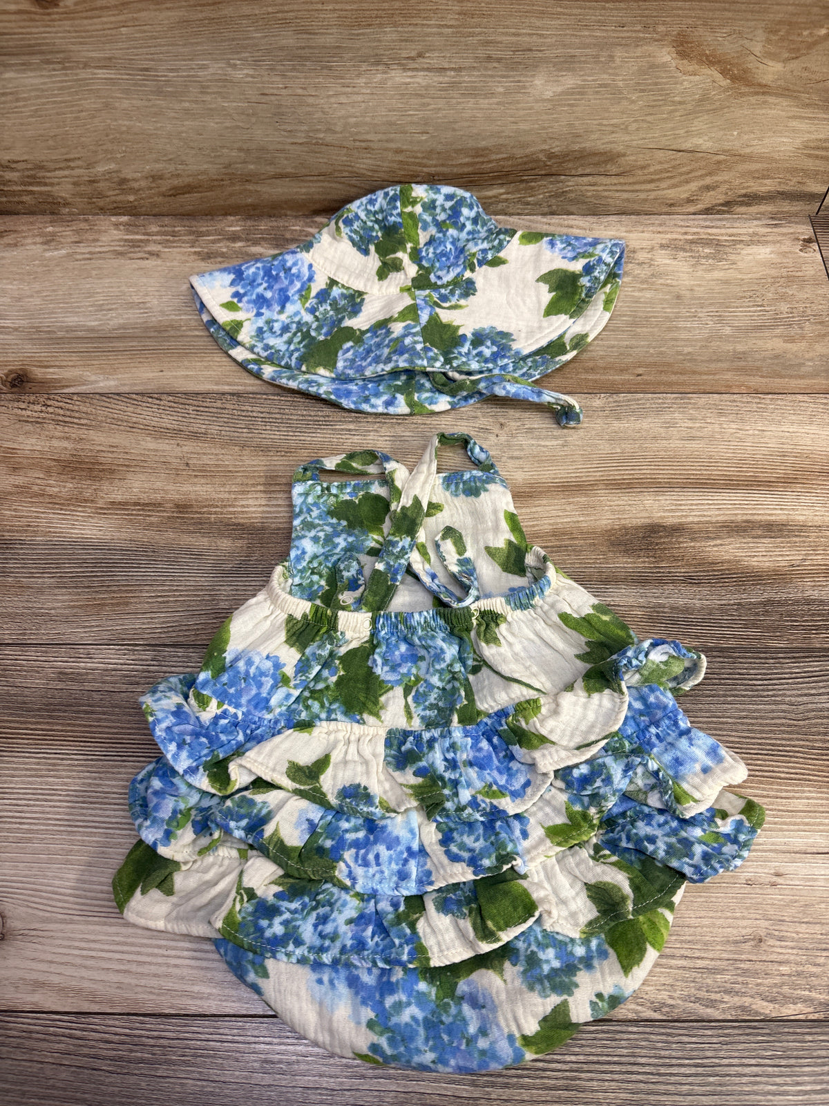 Angel Dear 2pc Gauze Floral Ruffle Bubble Romper & Bucket Hat Ivory sz 6-12m