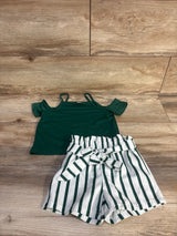 Shein 3pc Cold Shoulder Top & Belted Striped Shorts Green sz 2T