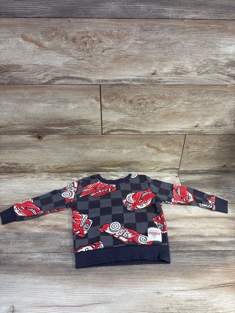 Front view of gray Disney Pixar Cars pullover sweatshirt, size 3T, with red race car graphics and checkerboard pattern