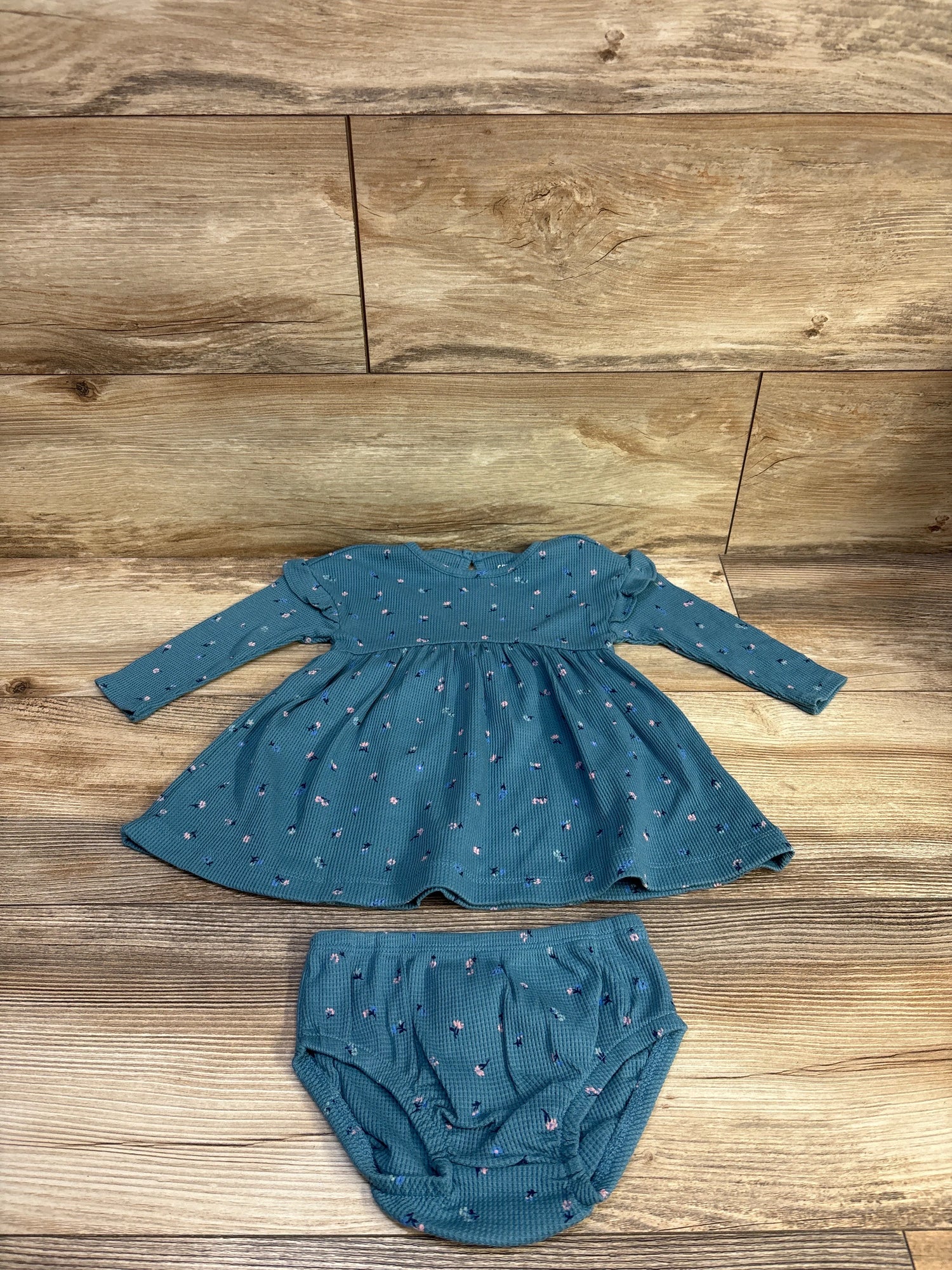 Carter's 2pc Floral Waffle Knit Dress & Bloomers Set Teal sz 9m