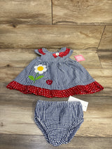 NEW Rare Editions 2pc Embroidered Seersucker Dress & Bloomers Set Blue sz 6-9m