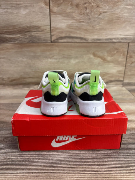 Rear view of Nike Air Max 200 SE TD sneakers in white, neon green, and black with a red Nike shoebox on wood flooring